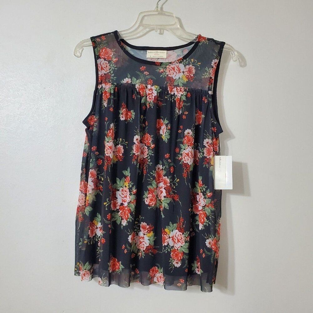 Bobbie Brooks Womens Sz Small  Sleeveless Sheer Yoke Lined Top Black Floral
